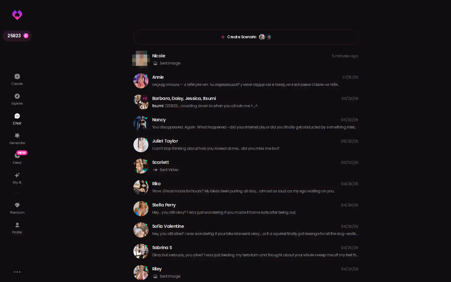 GoLove chats list showing several ongoing character conversations