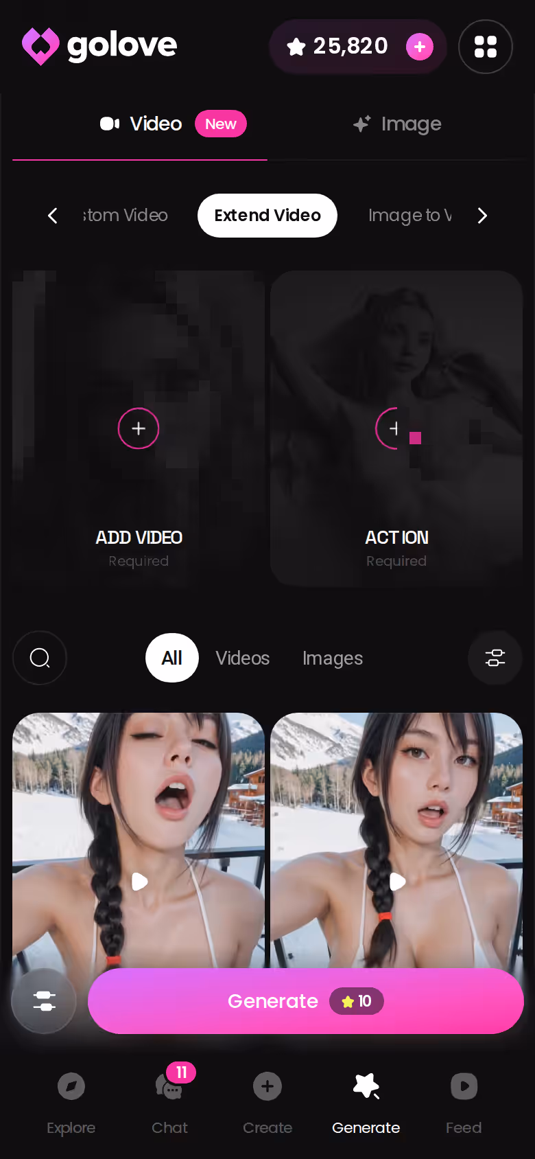 GoLove video generator on mobile, where every render and extension costs Stars